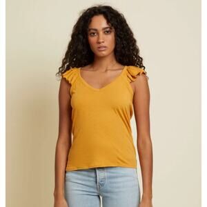 NWT Nation Sz L Aven Ruffle Sleeve Tank Top Trophy Mustard Yellow Cotton Linen